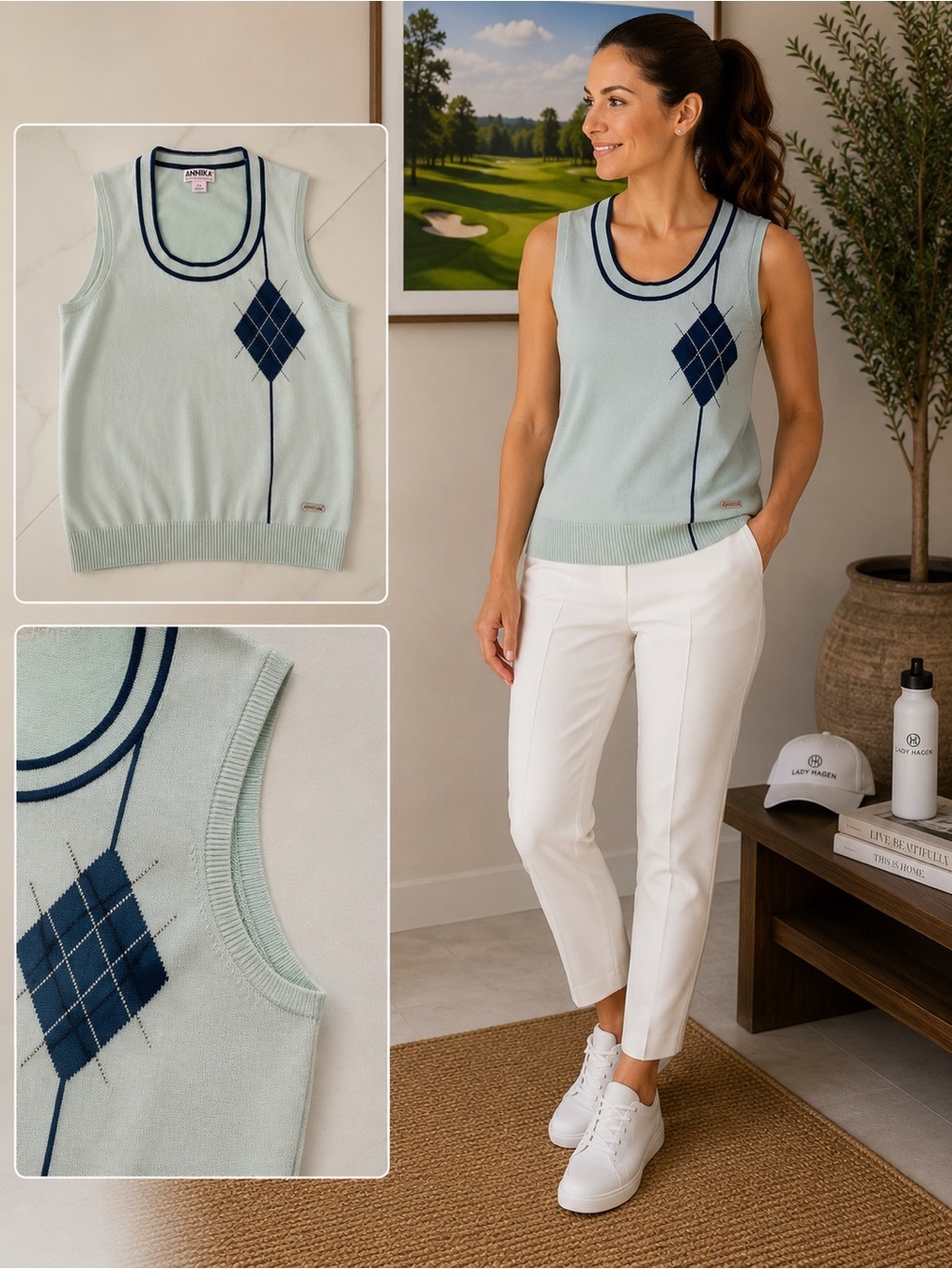 Annika cutter & buck Knit Shell Tank in Mint with Navy Detail size L